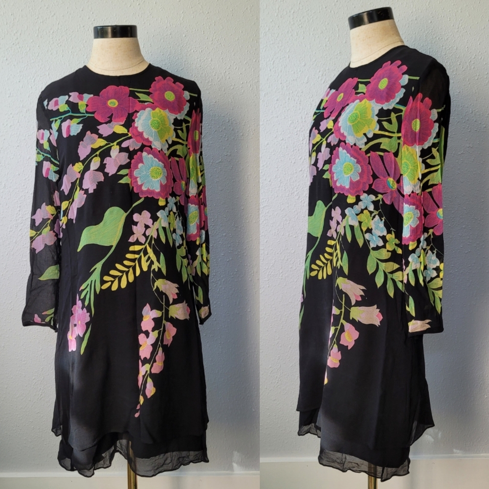 1980s Floral Black Anne Crimmins for Umi Collections Sheer Sleeve Silk Dress